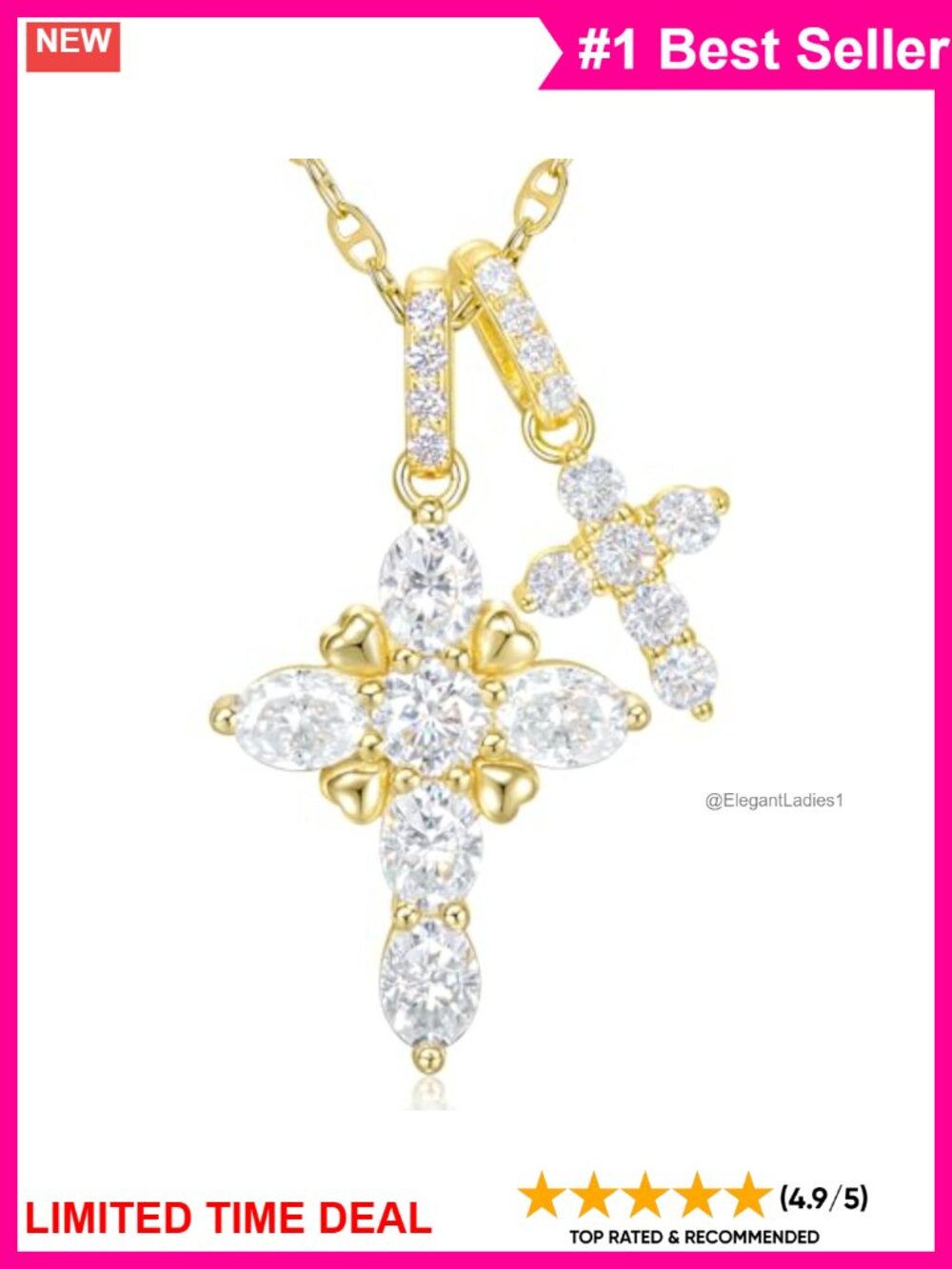 Moissanite Double Cross Pendant Necklace 14K Gold Vermeil 925 Sterling Silver